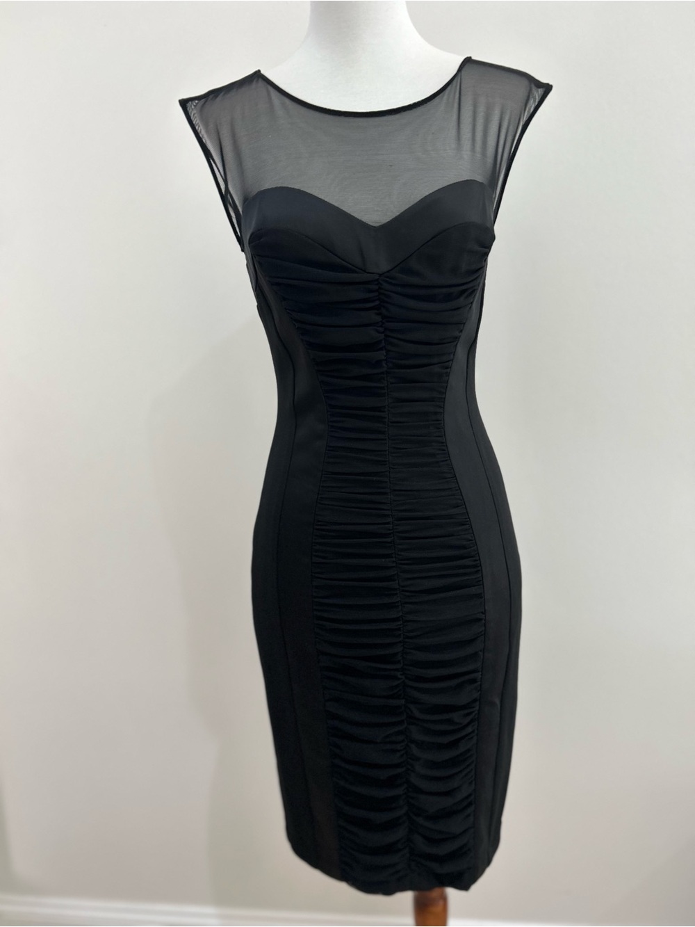 Vintage Cache Bodycon Black Sheer Yoke Ruched Mini Dress Size 2 Y2K LBD Sultry
